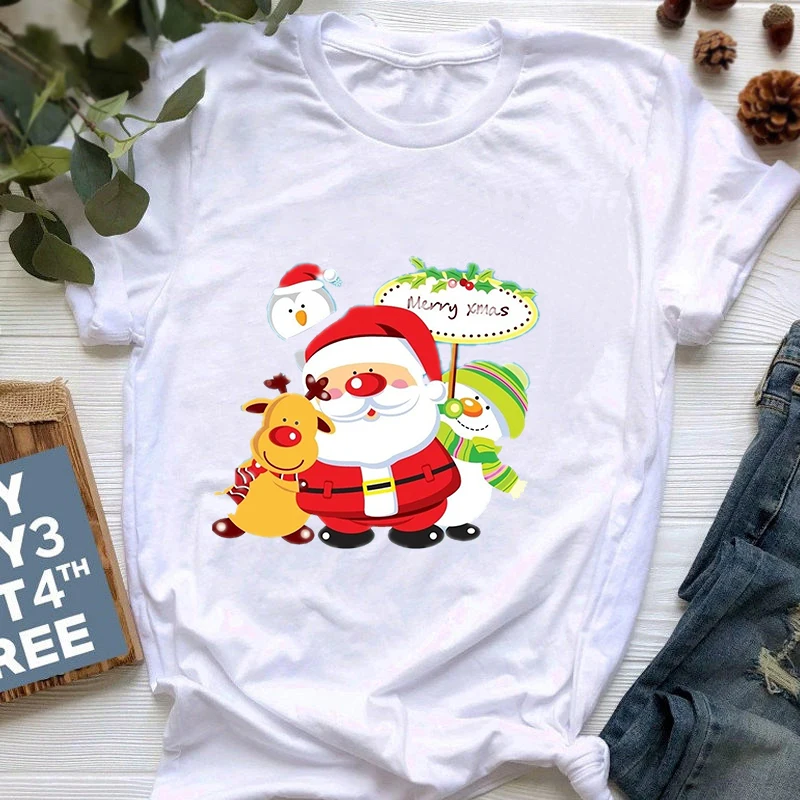 

White Tshirt Suitable All Seasons Tshirts New Lovely Deer T Shirt Women Funny Santa Claus Merry Christmas Short Sleeve T Shirt