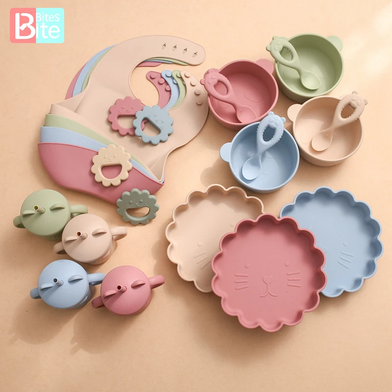 Vajilla de alimentaci&oacute;n para beb&eacute;, juego de 6 unids/set de silicona con dibujos animados, taz&oacute;n de alimentaci&oacute;n para beb&eacute;, plato de cena antideslizante, mordedor para ni&ntilde;o, productos para beb&eacute;-0