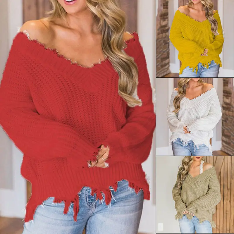 

Warm Knitwear Women Sexy Sweater Winter Autumn V-neck Off Shoulder Tassel Sweaters Long Sleeve Casual Pullovers Knit Tops Loose