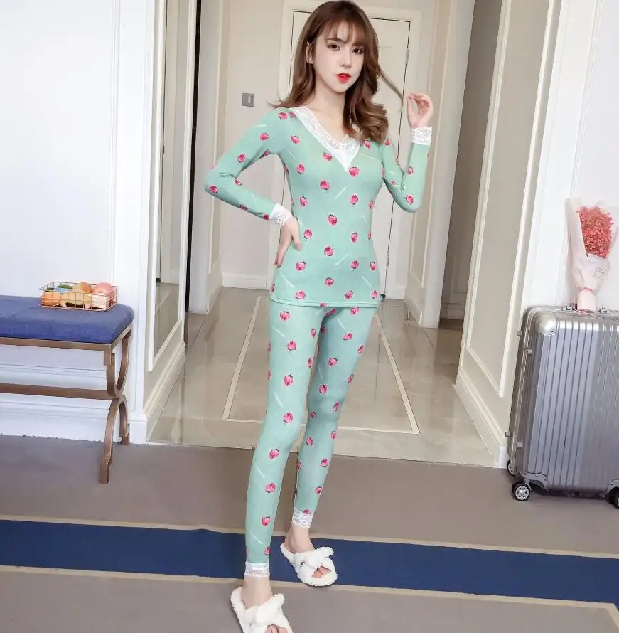 

Women Seamless Second Thermal Female Skin Lace V-neck Slim Body Thermal Underwear For Girls Modal Long Johns 2019 Autumn Winter