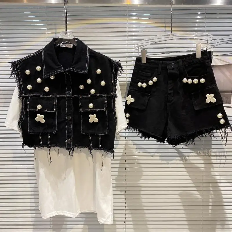

Denim Two Piece Sets 2021 Summer New Street Punk Style Pearl Rhinestone Denim Vest Jacket Raw Edge Shorts Jean Short Pants Suit
