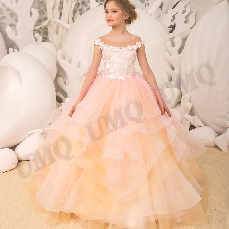 

Peach Pink Kids Princess Flower Girl Dress Birthday Couture Appliqued Ruffles Wedding Party Costumes Custom Made Drop Shipping