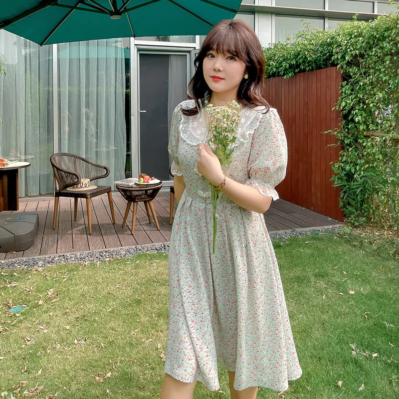 

Женское летнее платье с v-образным вырезом на пуговицах, кружевное платье с пышными рукавами размера плюс, Повседневное платье длиной до кол...