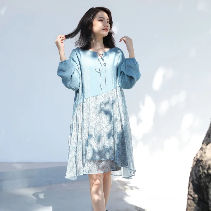 Женское шифоновое платье LANMREM свободное с высокой талией и круглым вырезом