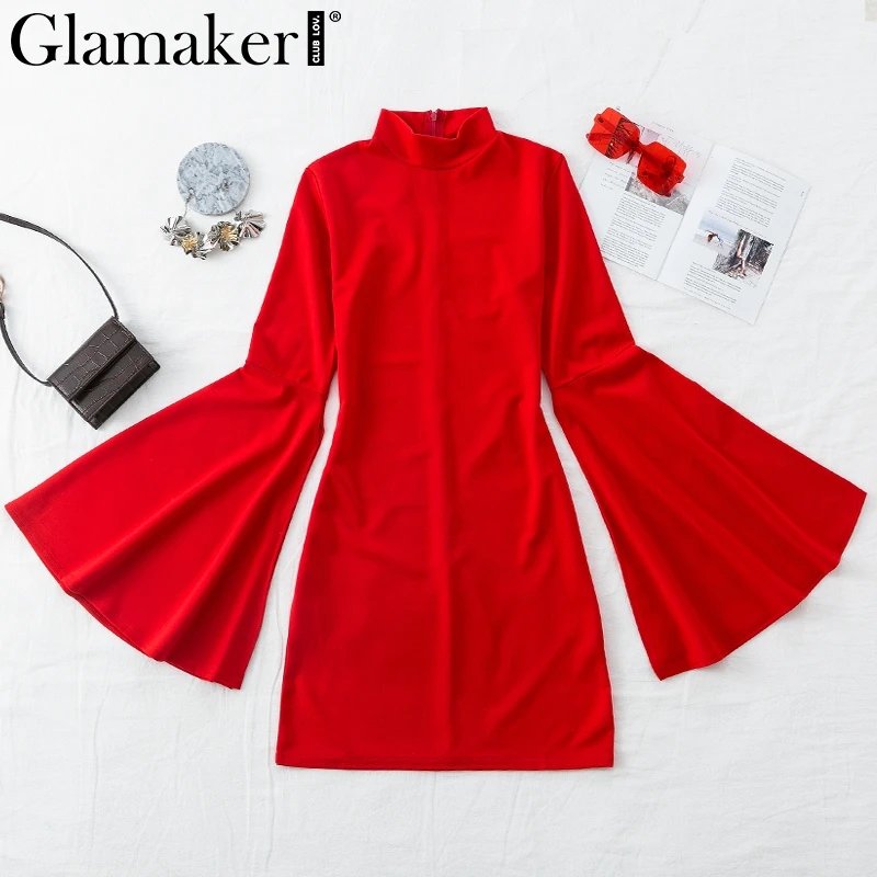 Красный Glamaker, длинное, расклешенное, красное, осеннее платье, женское, элегантное, женское, Мини Короткое платье, вечерние, для ночного клуба, сексуальное, облегающее, зимнее платье - Цвет: Красный