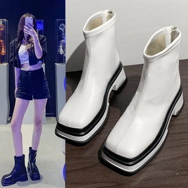 

Martin Short Boots Women's Single Boots 2021 New Mango Square Head Ugly Cute Big Head Soft Leather Elastic Thin Boots