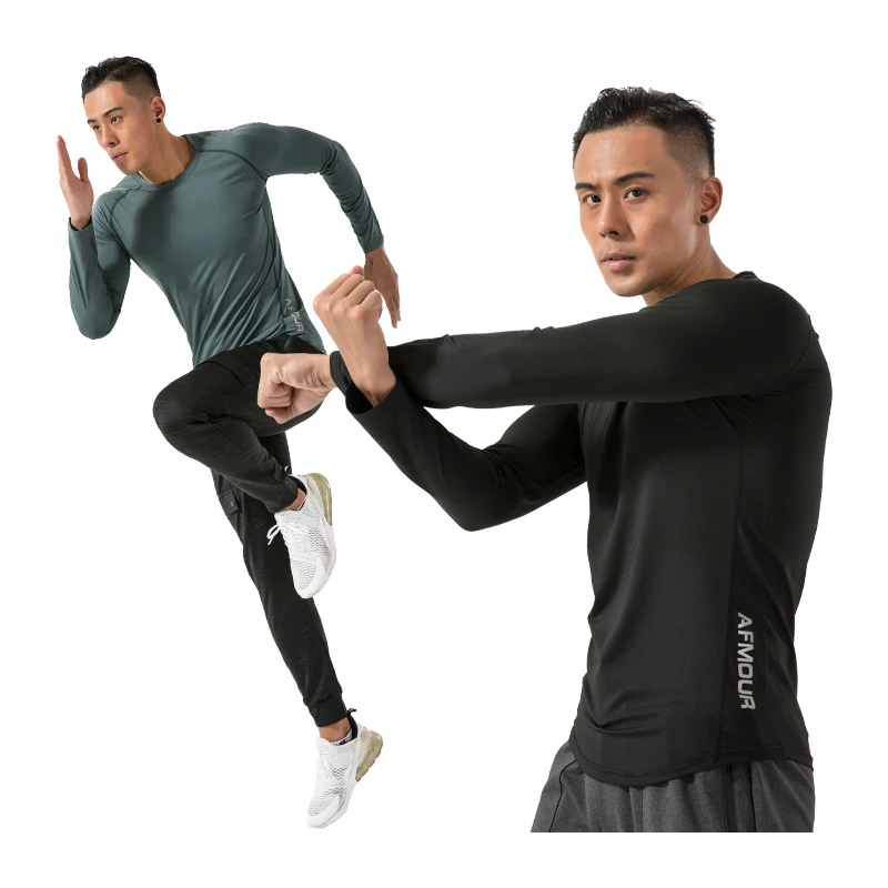 

Мужские компрессионные футболки, обтягивающие спортивные быстросохнущие однотонные футболки для бега, Топ с длинным рукавом для фитнеса н...