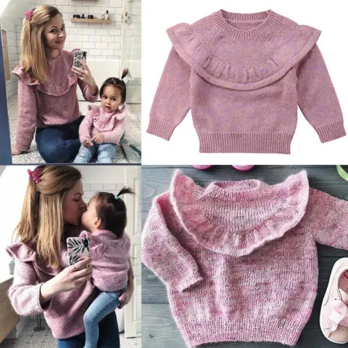 Новый осенний розовый вязаный свитер для маленьких девочек с рюшами теплый