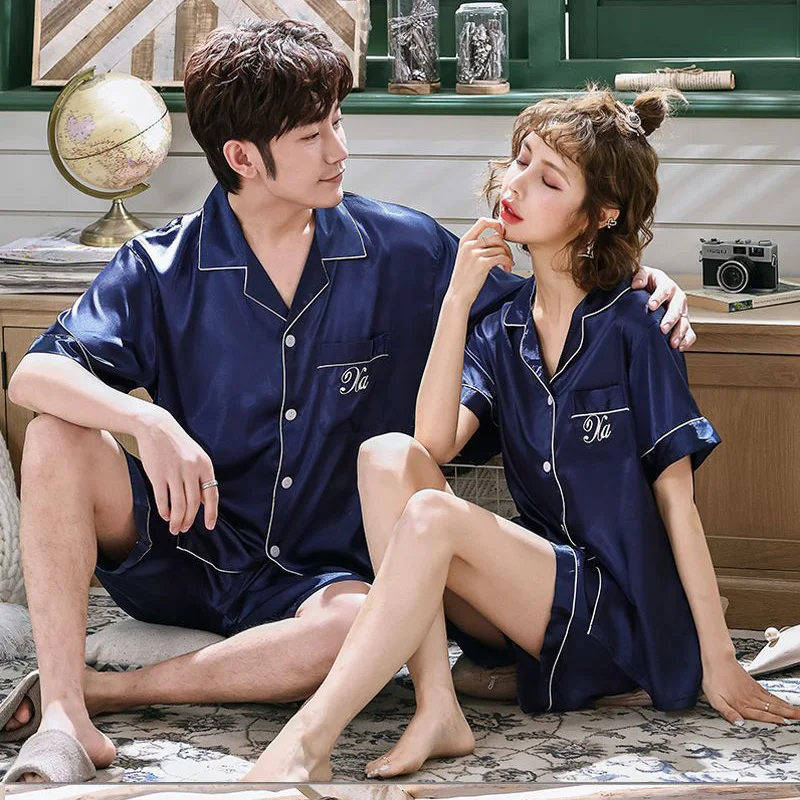 Womens Faux Silk Satin Pajamas Pyjamas Sleepwear Pijama Couple Pajamas Suit Female Sleep Two Piece Set Men Loungewear Plus Size