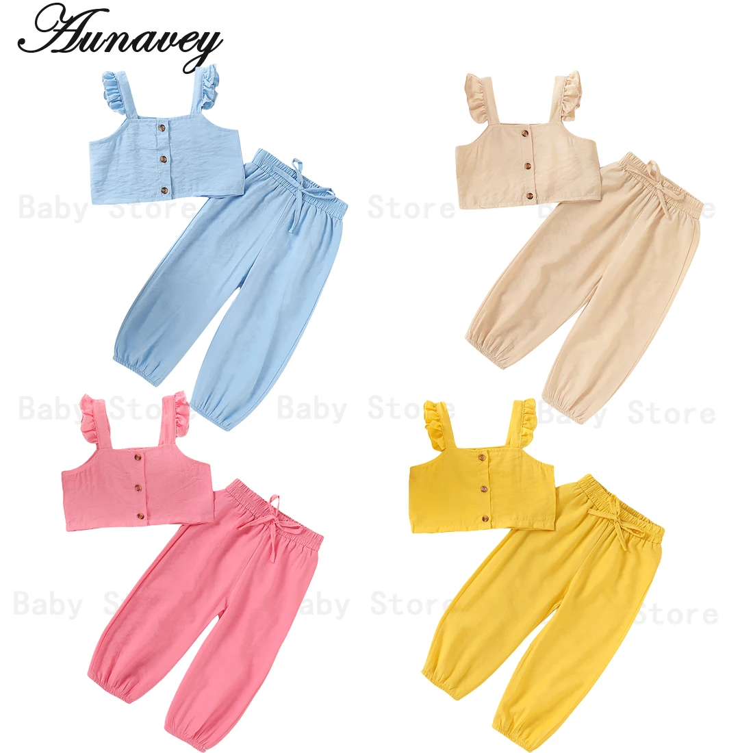

NEW 2020 Toddler Baby Girl Clothes Sets Solid Ruffle Sleeveless Top T-shirt Long Pants Outfit 2pcs Set 4 Colors