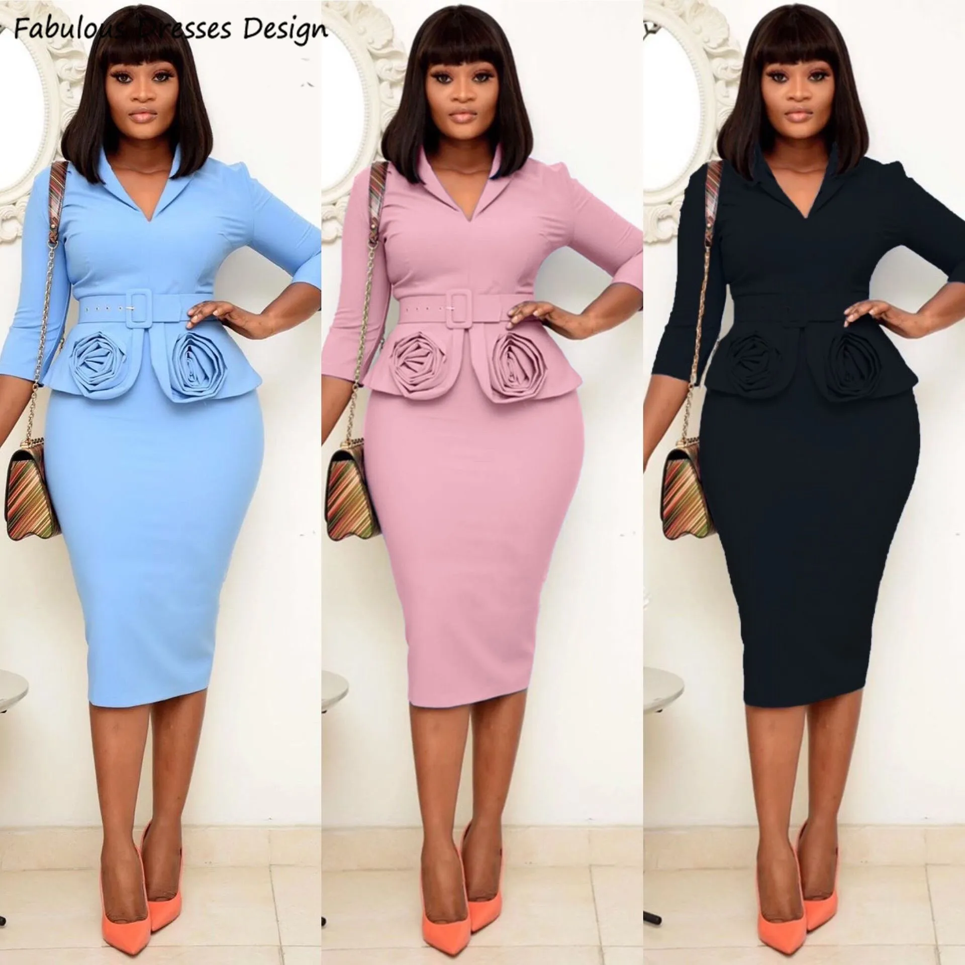 

2021 Blue Tea Length Evening Dresses Mermaid Three Quarter Sleeve V-neck Sashes Prom Dress For Women African вечерние платья