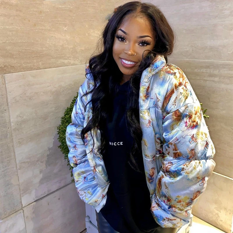

Aesthetic angel satin puffer jacket ladies fashion streetwear zipper short bubble coat jacket wild personality hot selling new