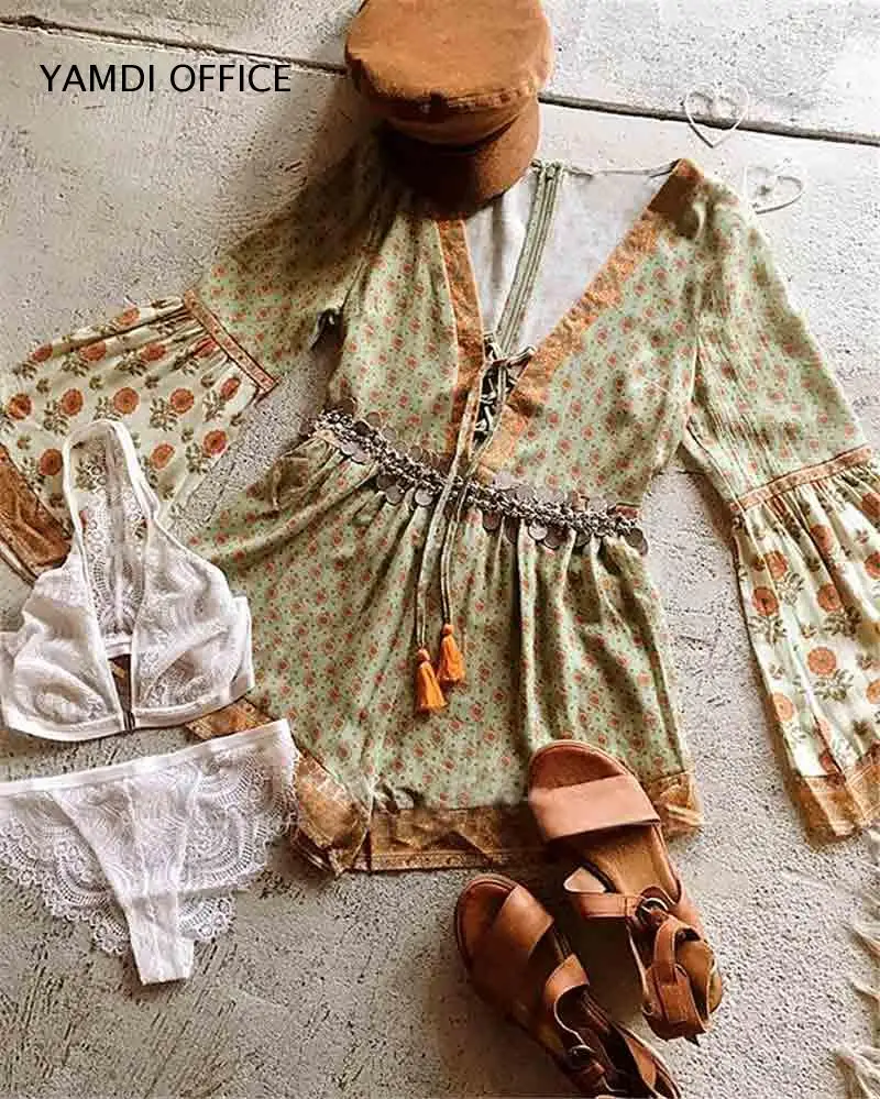 YAMDI осенний палантин комбинезон для женщин с цветочным принтом в винтажном стиле