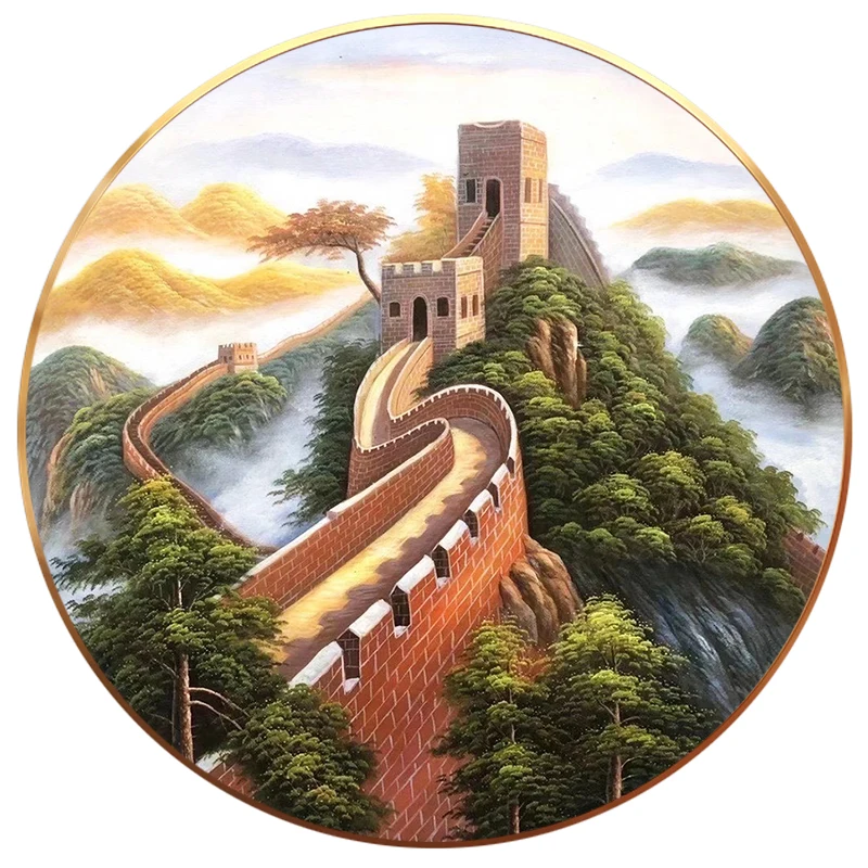 

Chinese decorative painting round realistic landscape oil painting hand hanging painting the Great Wall