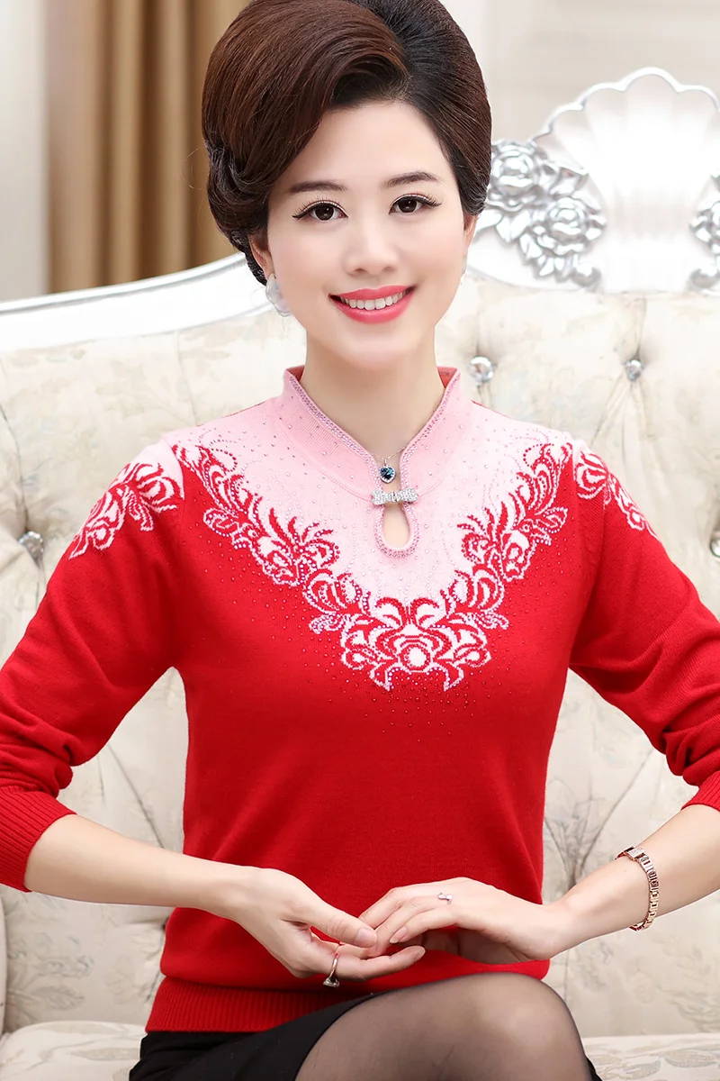 

2020 Women's Autumn New Long Sleeve Knitted Middle-aged Winter Mama Chiffon Collar Shirt