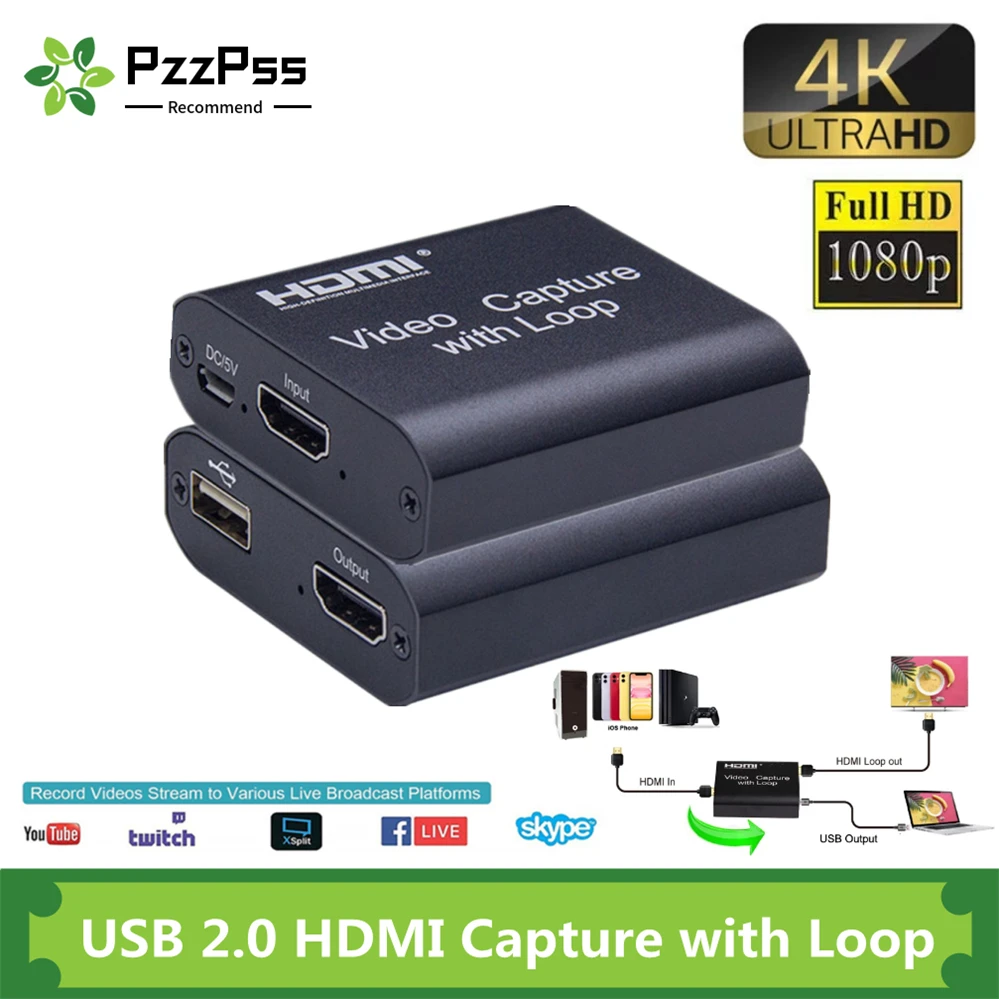 PzzPss 1080P 4K HDMI Video Capture Card HDMI To USB 2.0 Video Capture Board Game Record Live Streaming Broadcast TV Local Loop