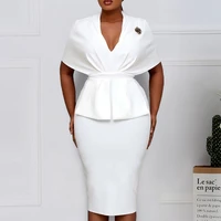 women slim dresses elegant bodycon classy ladies office work wear v neck large size fashion new peplum navy blue white 3xl xxl