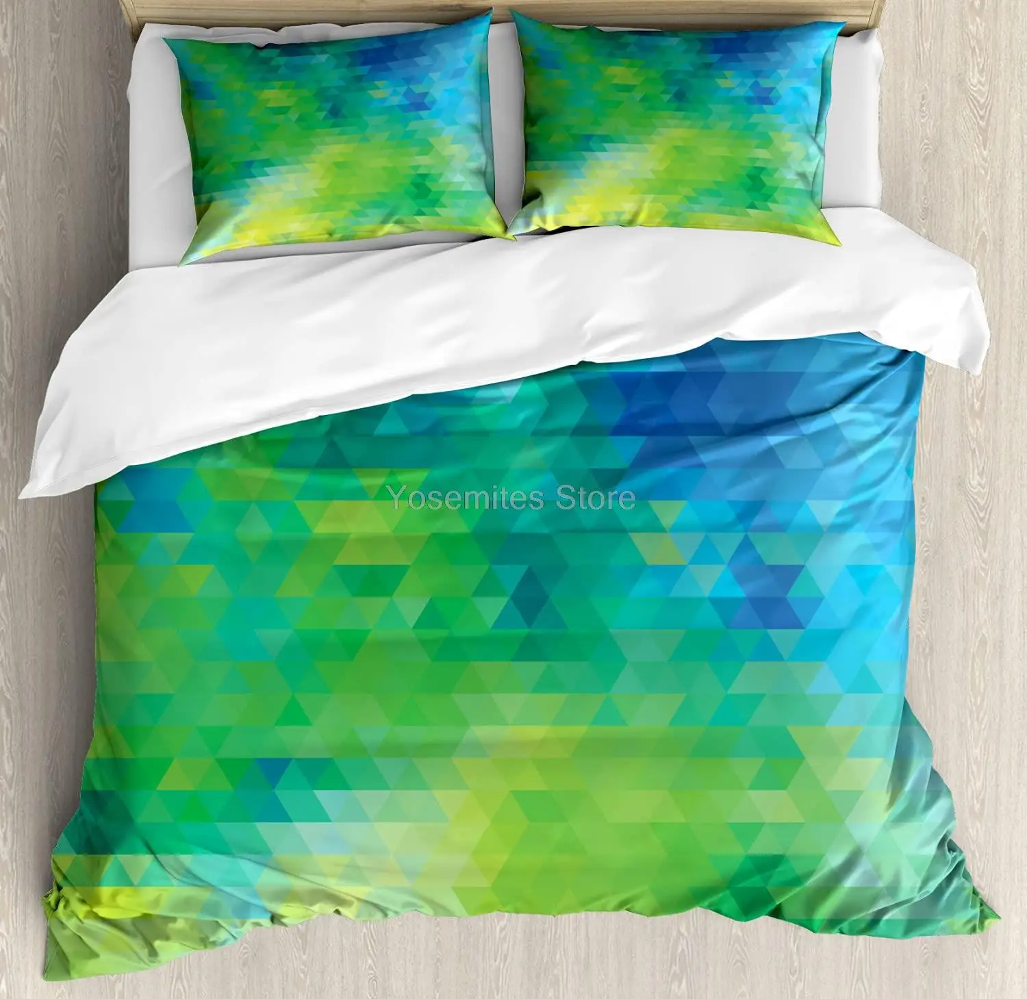 Green and Blue Duvet Cover Set, Geometric Abstract Pattern with Triangles Ombre Inspired, Decorative 3 Piece Bedding Set with 2