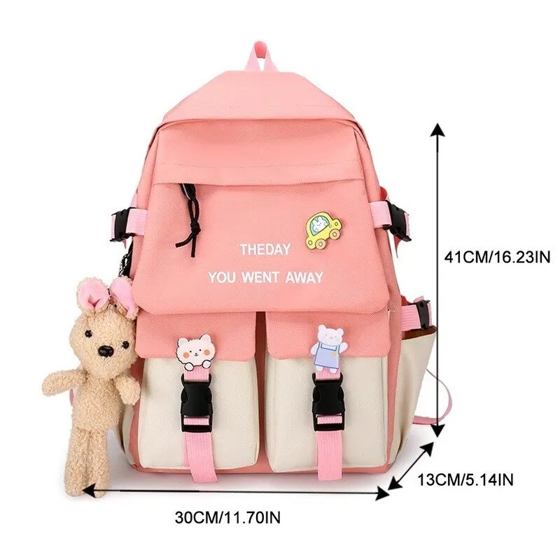 

5Pcs/Sets Cartoon Waterproof Nylon Women Backpack Set Female multi-pocket Insert buckle Student schoolbag Lovely travel bag