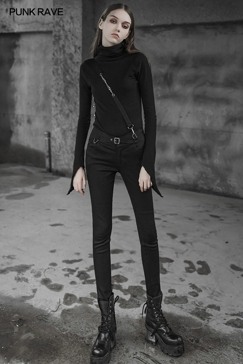 Женские джинсовые брюки в стиле панк с высокой талией украшенные металлическими