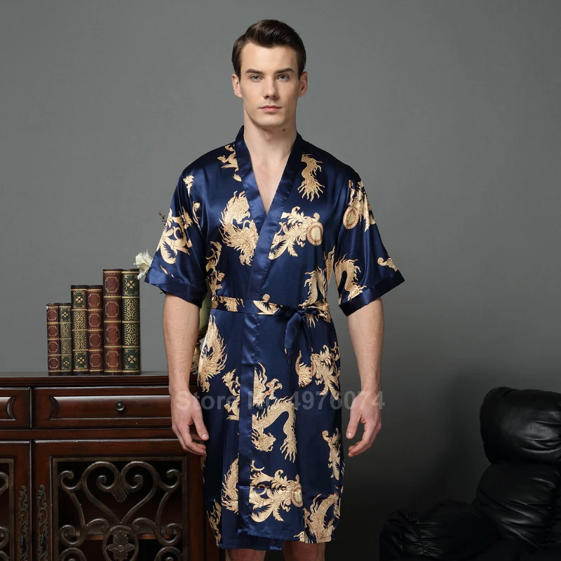 Мужское кимоно кардиган пижама с драконом Женская атласная шелковая Домашняя