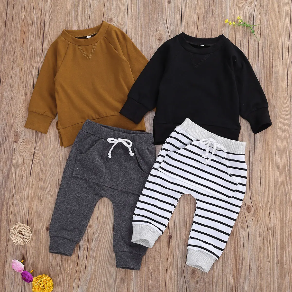 

0-24M Spring and Autumn Baby Boys Clothing Sets Long Sleeve Pullover Sweatshirt Tops Solid/Striped Pants Trousers
