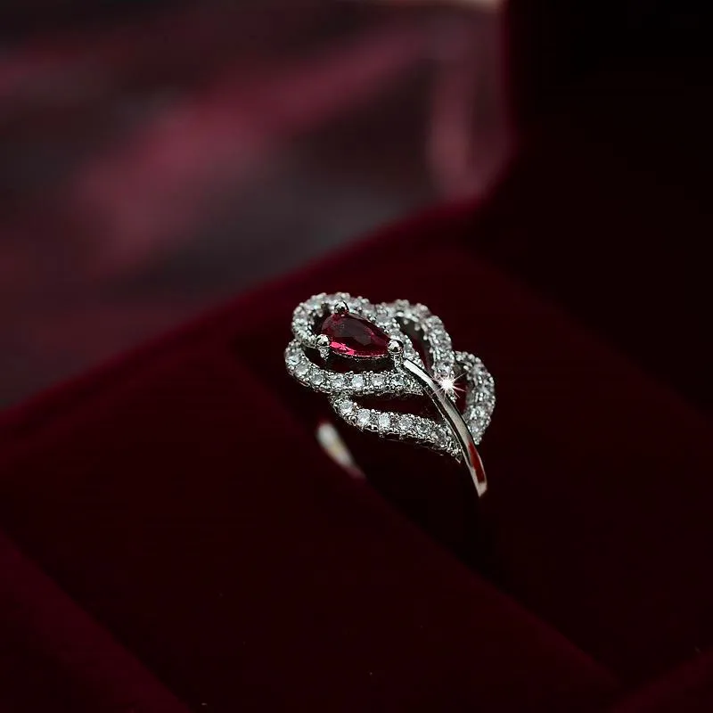 

Luxury Female Crystal Rose Red Leaf Ring Rose Gold Color Wedding Bands Jewelry Promise Love Engagement Rings For Women