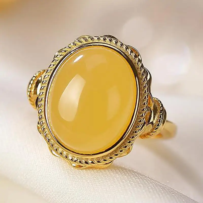 

Women Real Natural Baltic Amber Ring Adjustable 925 Sterling Silver Gold Plated Yellow Ambers Rings For Girlfriend Mom Gifts