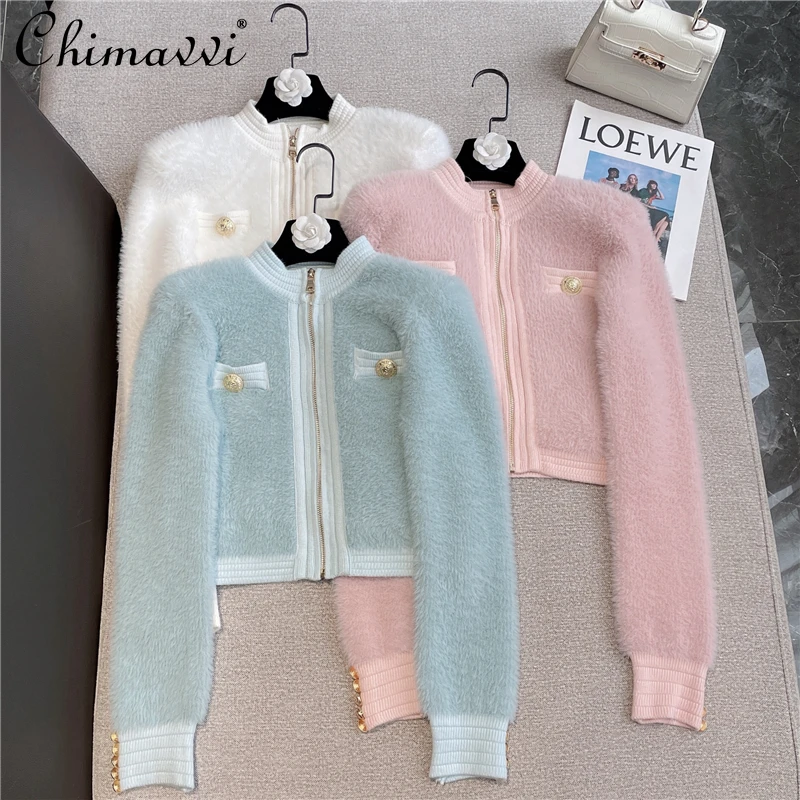 

Женская зимняя одежда 2021, модное короткое бархатное мохеровое пальто с круглым вырезом, металлической молнией и латунной пряжкой, милая Эле...