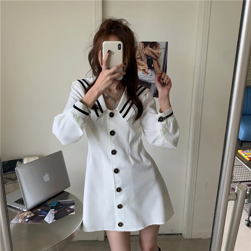 

Japanese Preppy Style Sweet Soft Girly Women Dresses 2020 Autumn Sailor Collar Full Sleeve Buttons Ruffles Ladies Dress Vestidos