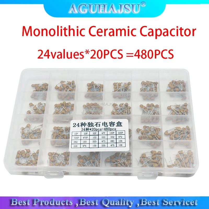 

24values*20PCS =480PCS Monolithic Ceramic Capacitor 10pF~10uF,ceramic capacitor Assorted Kit + BOX