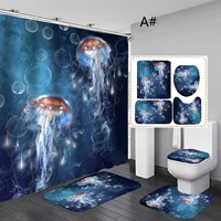 4pcs/set Polyester jellyfish Waterproof bathroom carpet bath Shower curtain absorbent non-slip floor bath mat home decoration