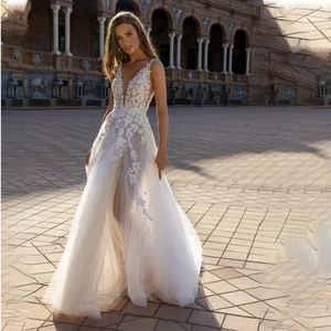 Sheer Champagne A Line Wedding Dress with Lace Applique High Slit Bridal Grown Vestidos De Festa Curto De Elegante Para