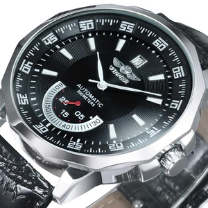 Часы мужские механические WINNER, с автоподзаводом, кожаным ремешком и календарем