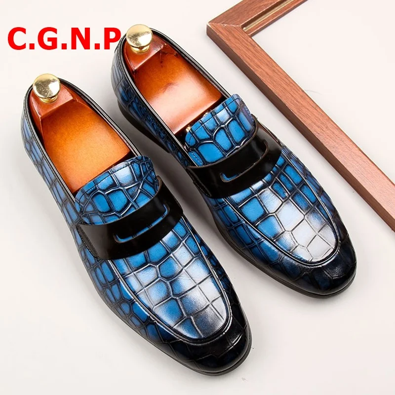 

C.G.N.P Mocassin Homme Genuine Leather Loafers Men Casual Shoes Fashion Blue Penny Loafer Man Boat Shoes Slip-ons Dress Shoes