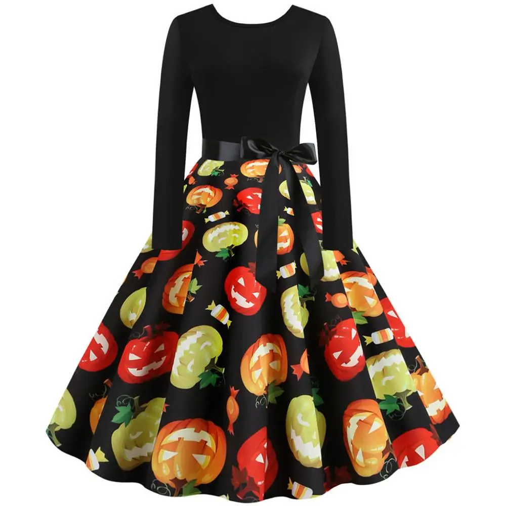 Женское платье с длинным рукавом вечернее средней длины принтом тыквы