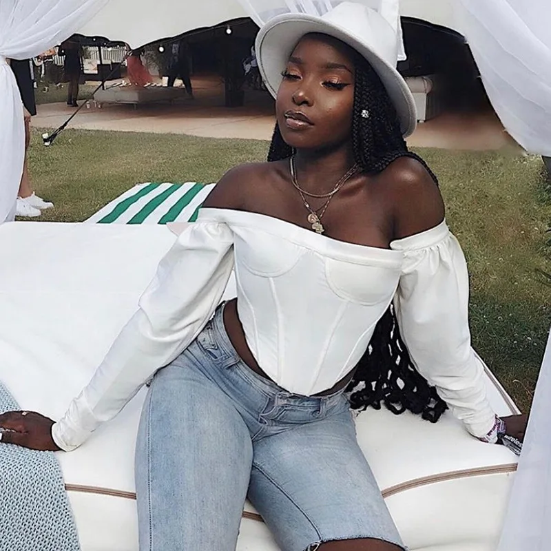 2020 Slash Neck Long Sleeve White Solid Sexy Crop Tops Autumn Winter Women Streetwear Club Party Outfits T-shirts | Женская одежда
