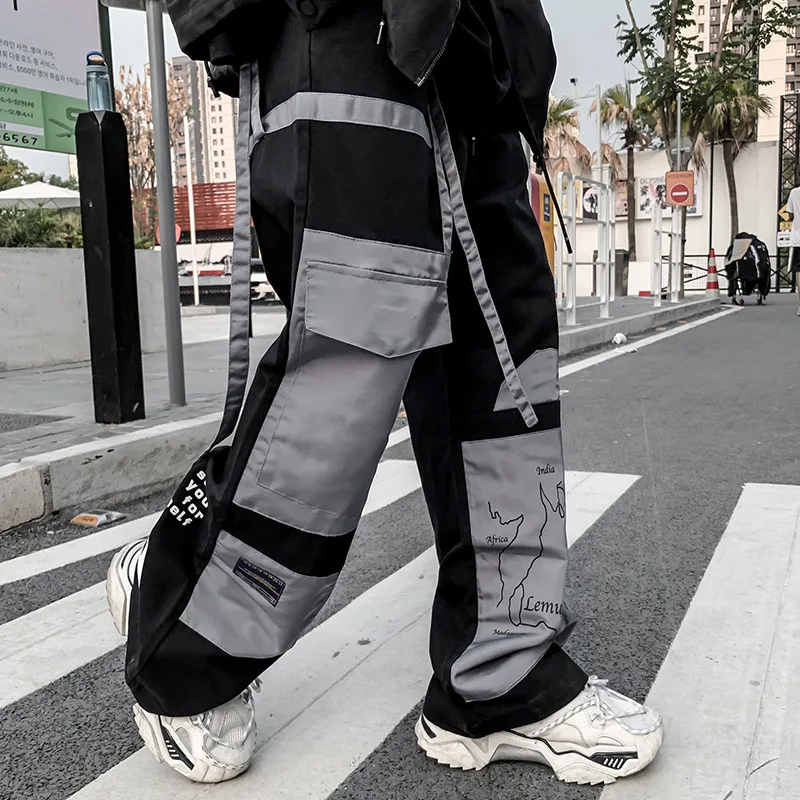 

Tech clothing men's casual sweatpants jogger multi-pocket Functional Cargo pants ribbon Harajuku hip-hop pants punk High Street