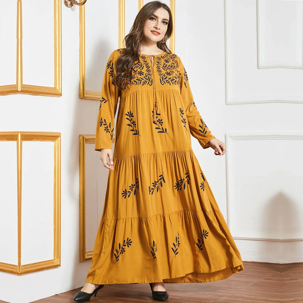 

Moroccan Embroidery Long Maxi Dress Women Pleated Muslim Casual Abaya Kaftan Dubai Turkish Robe Jilbab Islamic Clothing Abayas