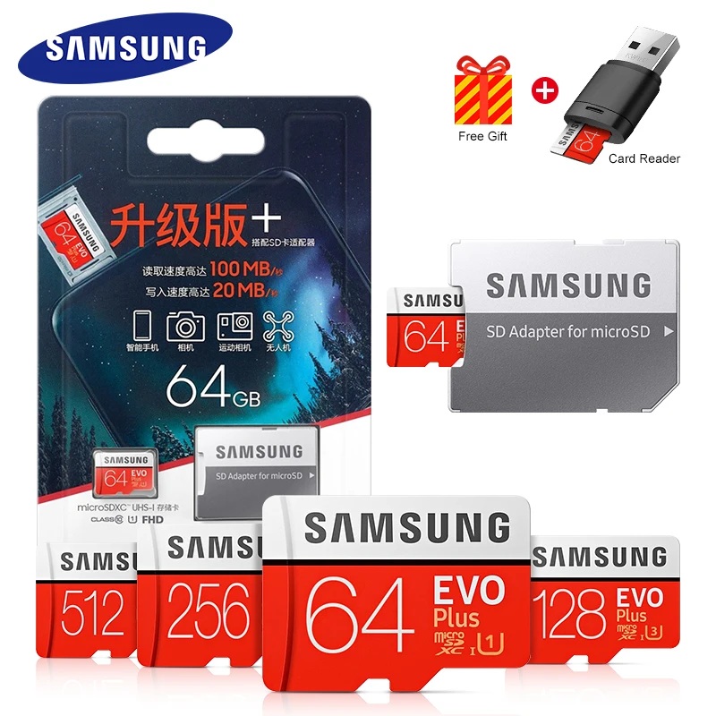 

100% Original SAMSUNG EVO+ Microsd Memory Card 64GB 128GB 256GB 100MB/s C10 SDHC microSDXC U1/U3 TF/Micro SD Card + Card reader