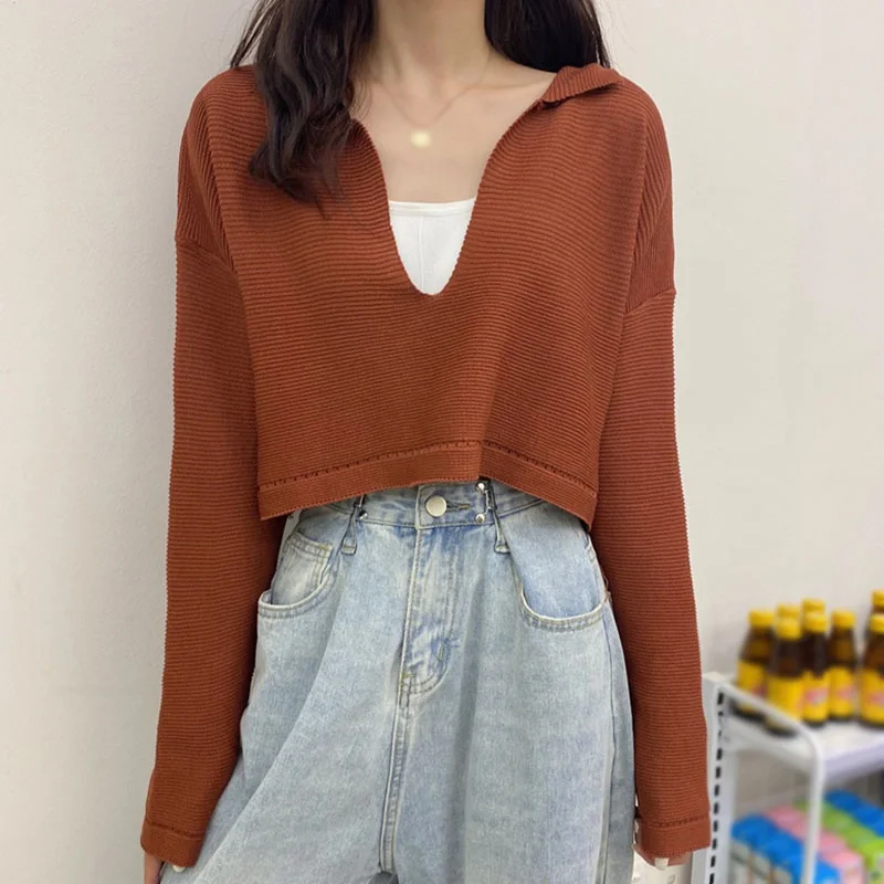 

Women Knitting Pullover Tops Solid Color V-neck Loose Casual Navel Exposed Long Sleeve Blouse Female