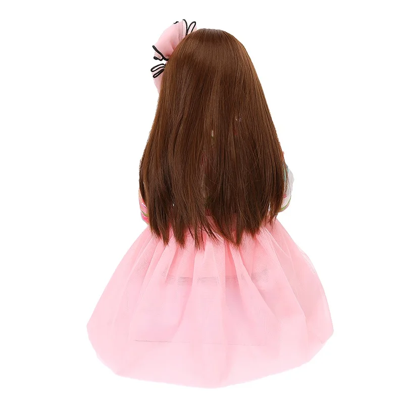 

58CM High Quality Reborn Toddler Princess Girl Dolls Silicone Vinyl Adorable Lifelike Baby Dolls With Pink Cloth Long Brown Hair