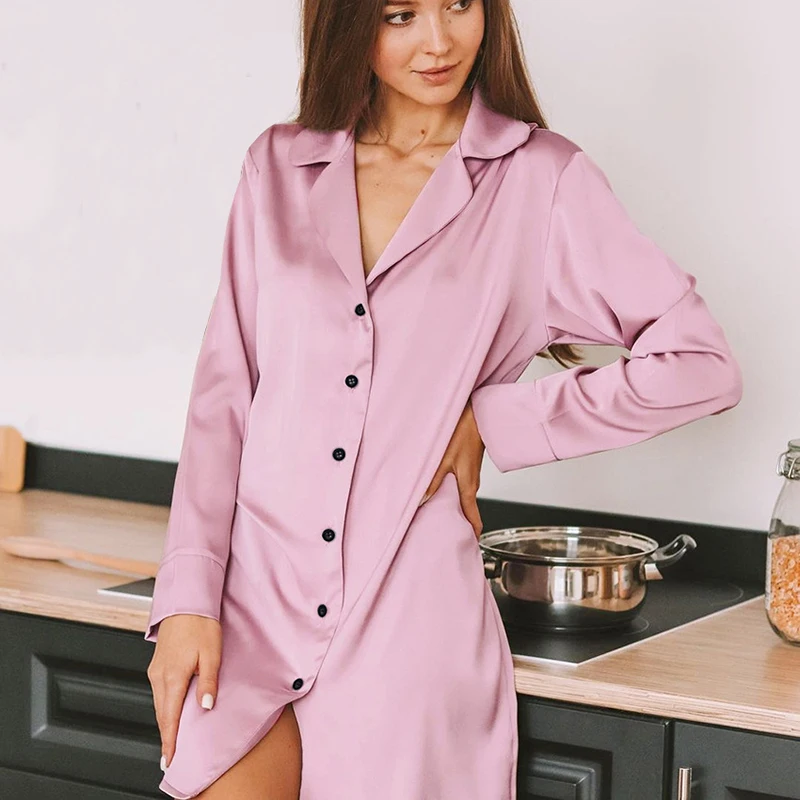 

Women's home clothes 2021 spring new long sleeve V-neck satin sexy Nightrobe fashion Solid color Cute nightdress