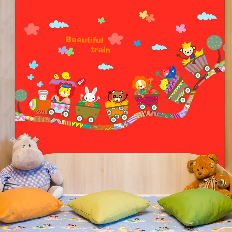 Милые Мультяшные наклейки с животными и поездом для детской комнаты фон