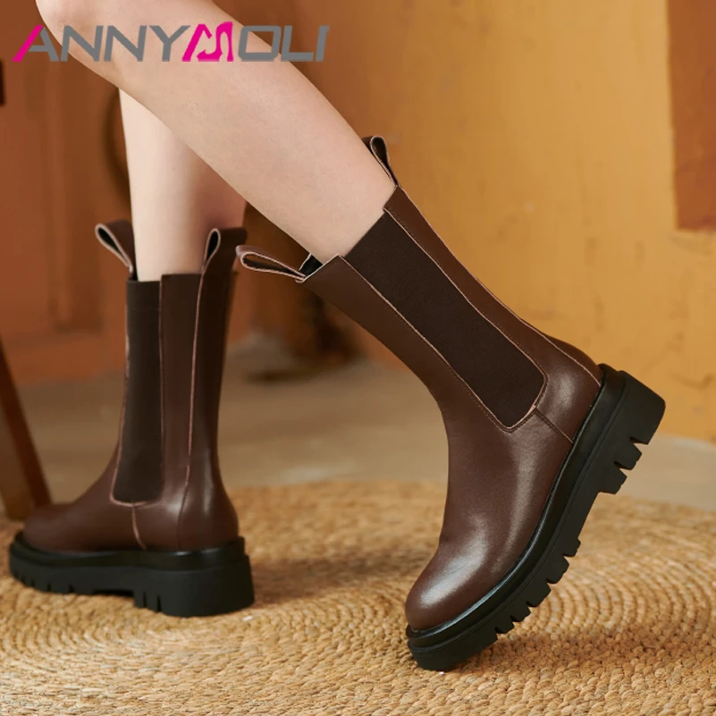 

ANNYMOLI Women Real Leather Med Calf Boots Platform Flat Shoes Fashion Round Toe Ladies Footwear 2021 Autumn 33-41 Brown Black