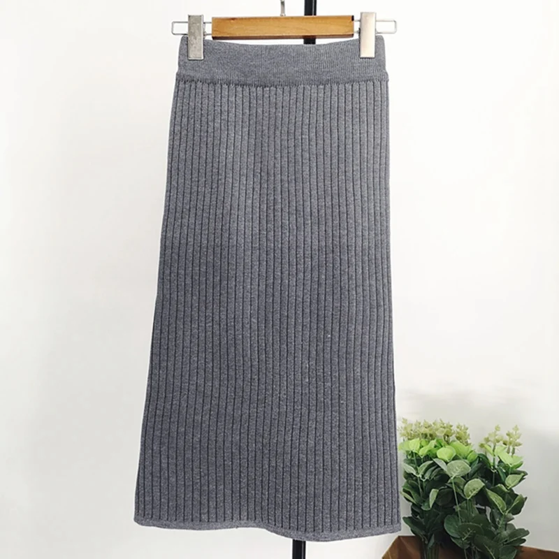 Gray 63cm Женская Длинная трикотажная юбка осень зима женские плиссированные юбки миди макси тонкая облегающая юбка однотонная женская офисная одежда юбка - Цвет: Gray 63cm