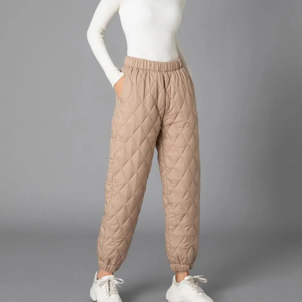 

Women Quilted Trousers 2021 Pants Side Pockets Waist Ribbed Elastic Cuffs Solid Color Rhombus Quilted Trousers for Daily Wear
