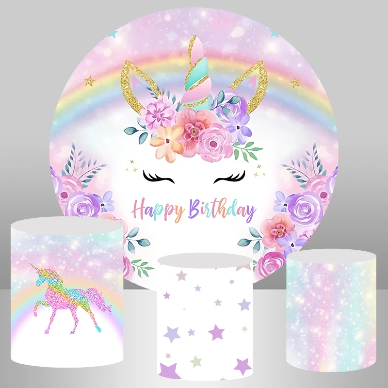 Rainbow Unicorn Birthday Round Backdrop Cover Flower Baby Shower Kids 1st Birthday Photo Studio Party Banner Circle Background