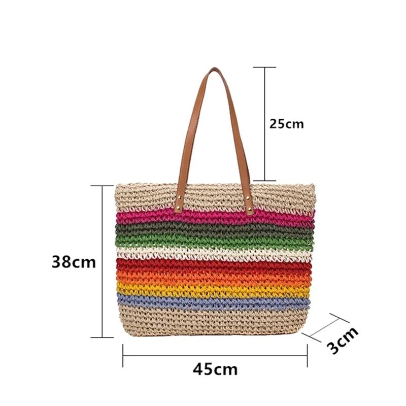 

Women Rainbow Color Beach Handbag Rattan Woven Handmade Knitted Straw Large Capacity Tote Female Shopper Shoulder Bag Bohemian