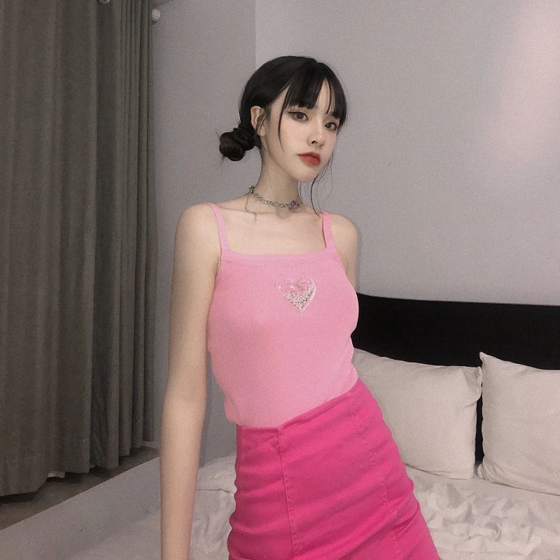 

Sexy Off Shoulder Solid Slim Summer Knitted Crop Tops Ins Love Spaghetti Strap Tank Top Women's Clothing Hipster Fashion Brand